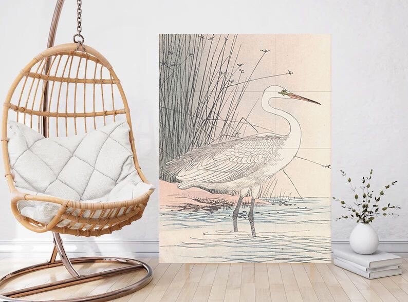 Tile Mural/Mosaic Ceramic Panel of Heron - Imao Keinen - Japanese Art Bird Mural- Heron Bird Print - Bird Mosaic - Vintage Japanese Mural