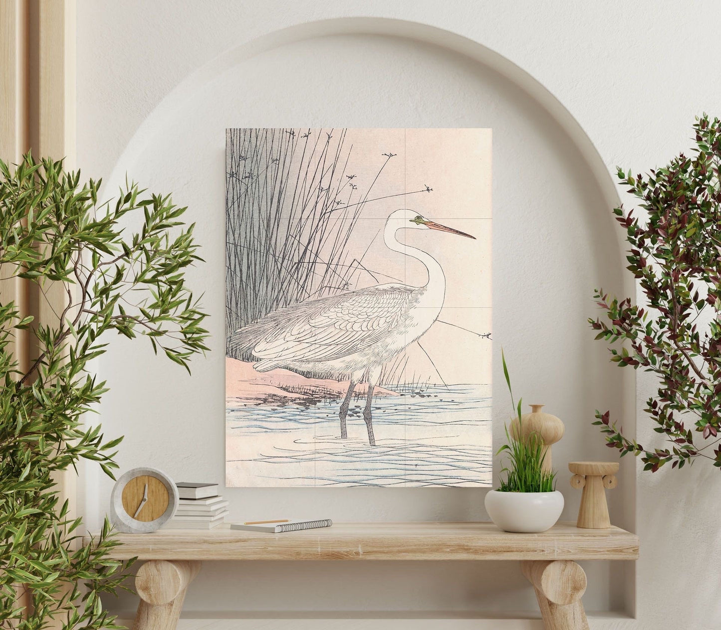 Tile Mural/Mosaic Ceramic Panel of Heron - Imao Keinen - Japanese Art Bird Mural- Heron Bird Print - Bird Mosaic - Vintage Japanese Mural