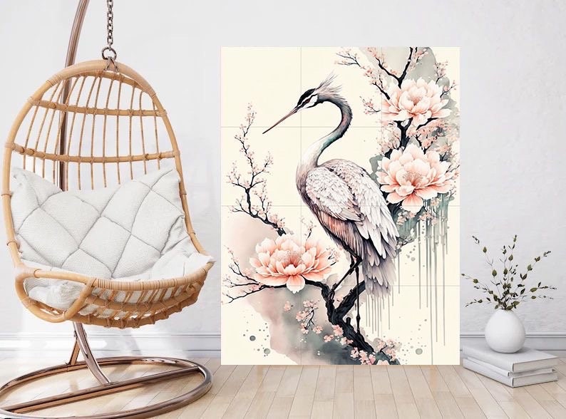 Tile Mural/Mosaic Ceramic Panel of Heron - Japanese Art- Bird And Flower Wall Art - Japanese Art - Bird Mural- Heron Print - Bird Mosaic
