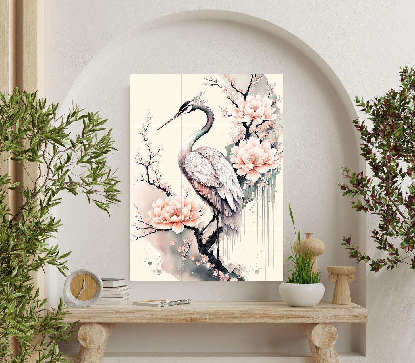 Tile Mural/Mosaic Ceramic Panel of Heron - Japanese Art- Bird And Flower Wall Art - Japanese Art - Bird Mural- Heron Print - Bird Mosaic