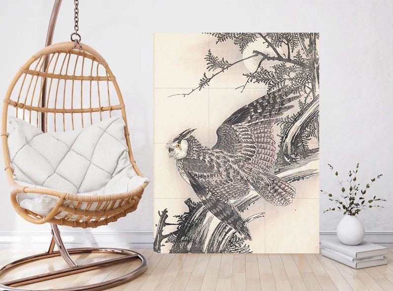 Tile Mural/Mosaic Ceramic Panel of Owl - Imao Keinen - Japanese Art Bird Mural- Owl Bird Print - Bird Mosaic - Vintage Japanese Mural