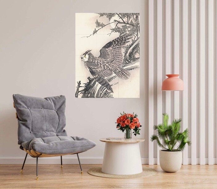 Tile Mural/Mosaic Ceramic Panel of Owl - Imao Keinen - Japanese Art Bird Mural- Owl Bird Print - Bird Mosaic - Vintage Japanese Mural