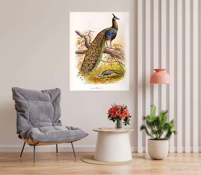 Tile Mural/Mosaic Ceramic Panel of Peacock - E Neale - Bird Wall Art Home Decor - Peacock Mural - Gloss Tiles - Peacock Tile Mosaic
