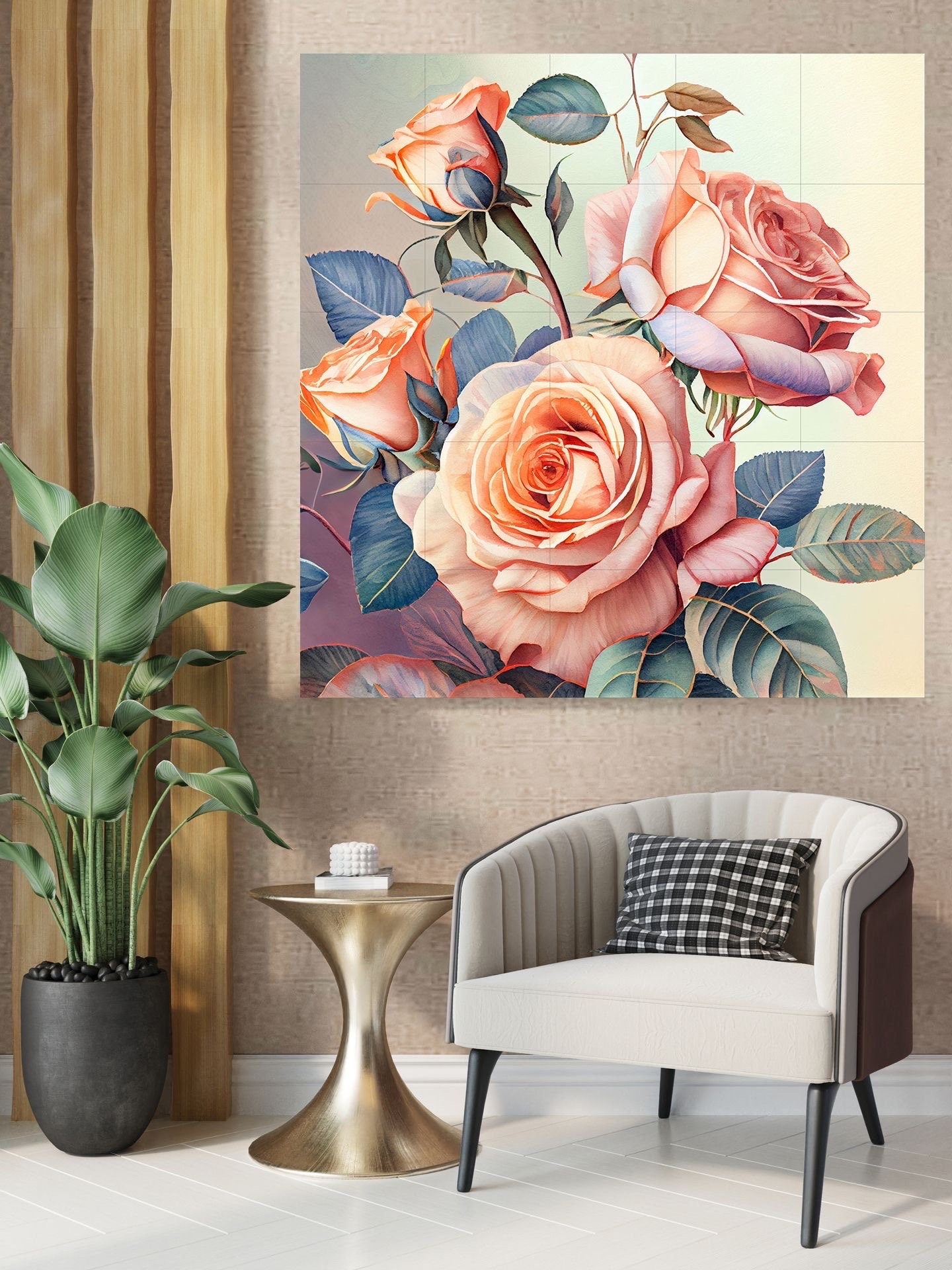 Tile Mural/Mosaic Ceramic Panel of Roses - Flower Wall Art-Vintage Botanical Print -Rose Print -Rose Home Decor -Flower Mural -Flower Mosaic