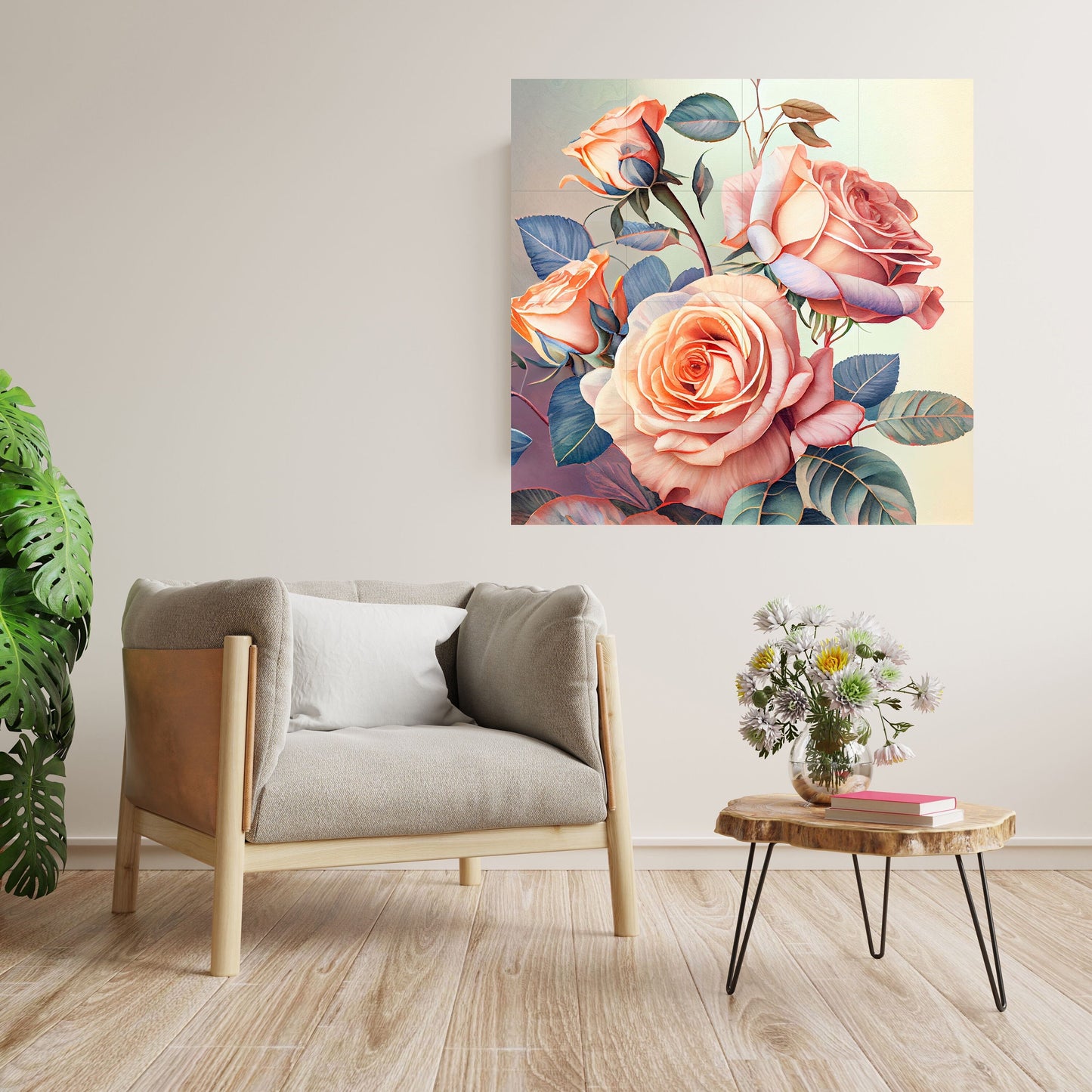 Tile Mural/Mosaic Ceramic Panel of Roses - Flower Wall Art-Vintage Botanical Print -Rose Print -Rose Home Decor -Flower Mural -Flower Mosaic