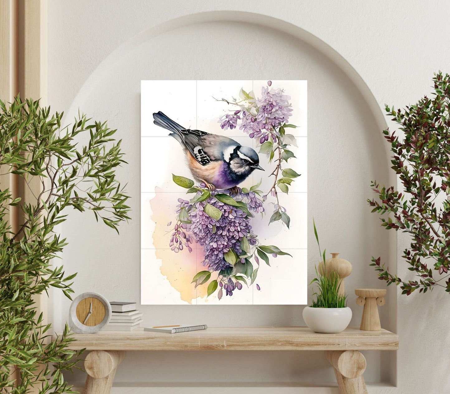 Tile Mural/Mosaic Ceramic Panel of Blue Tit Bird and Watercolour Flower - Bird And Flower Wall Art - Bird Mural- Tit Bird Print - Tit Birds