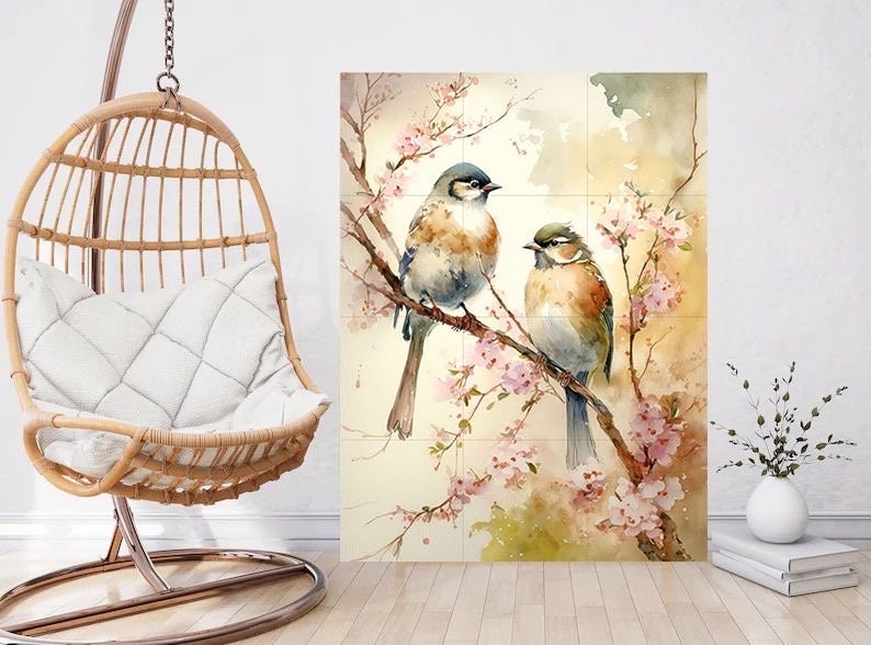 Tile Mural/Mosaic Ceramic Panel of Blue Tit Bird and Watercolour Flower - Bird And Flower Wall Art - Bird Mural- Tit Bird Print - Tit Birds