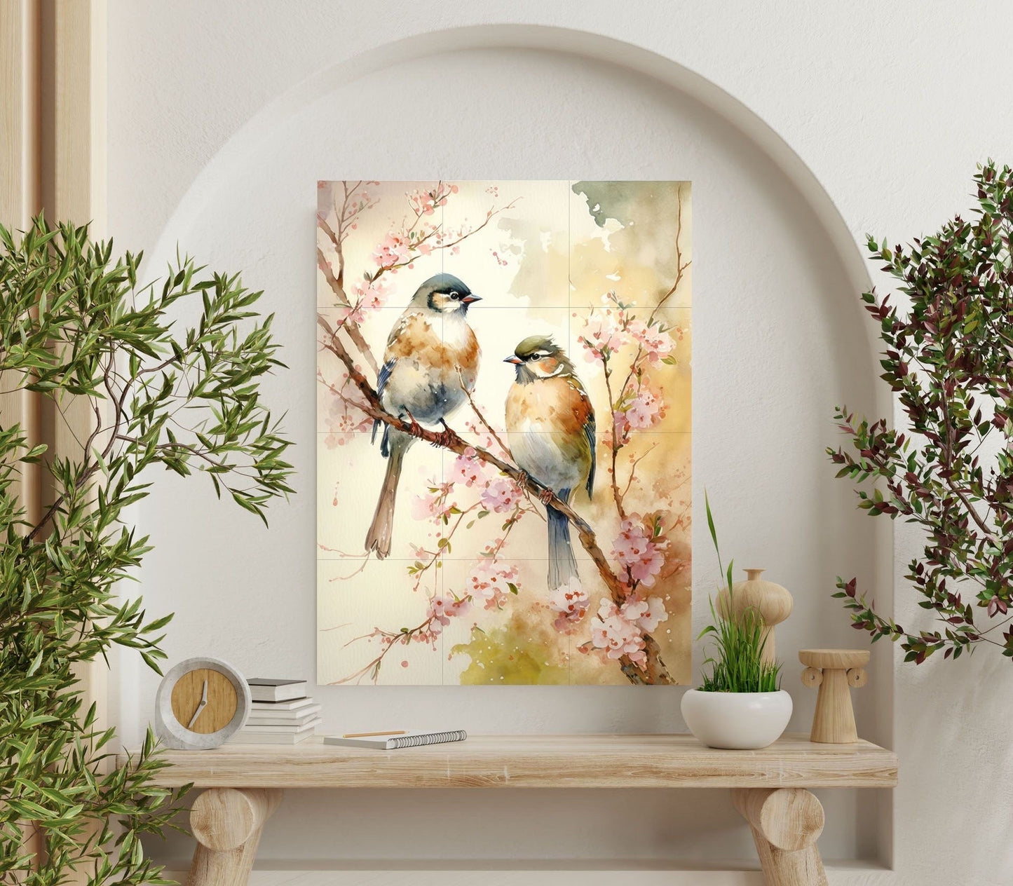 Tile Mural/Mosaic Ceramic Panel of Blue Tit Bird and Watercolour Flower - Bird And Flower Wall Art - Bird Mural- Tit Bird Print - Tit Birds