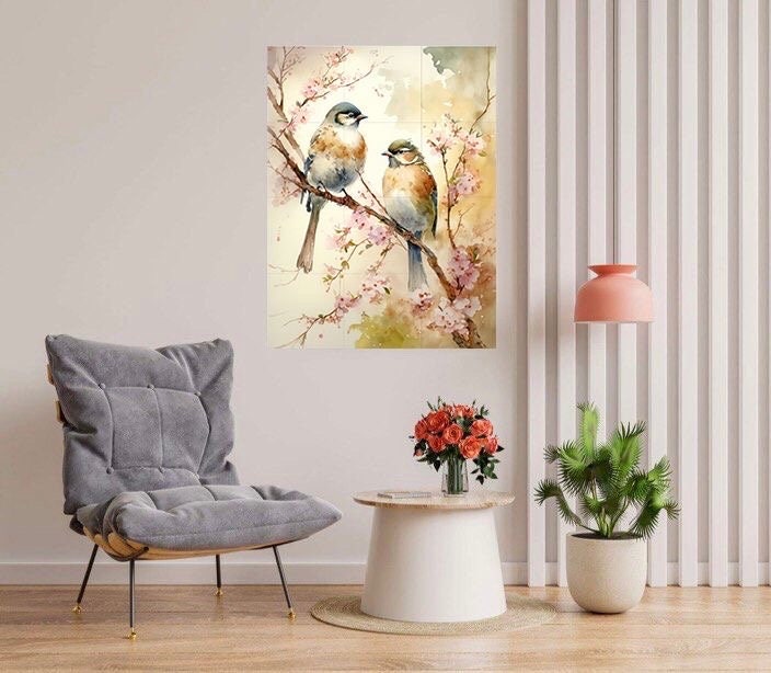 Tile Mural/Mosaic Ceramic Panel of Blue Tit Bird and Watercolour Flower - Bird And Flower Wall Art - Bird Mural- Tit Bird Print - Tit Birds