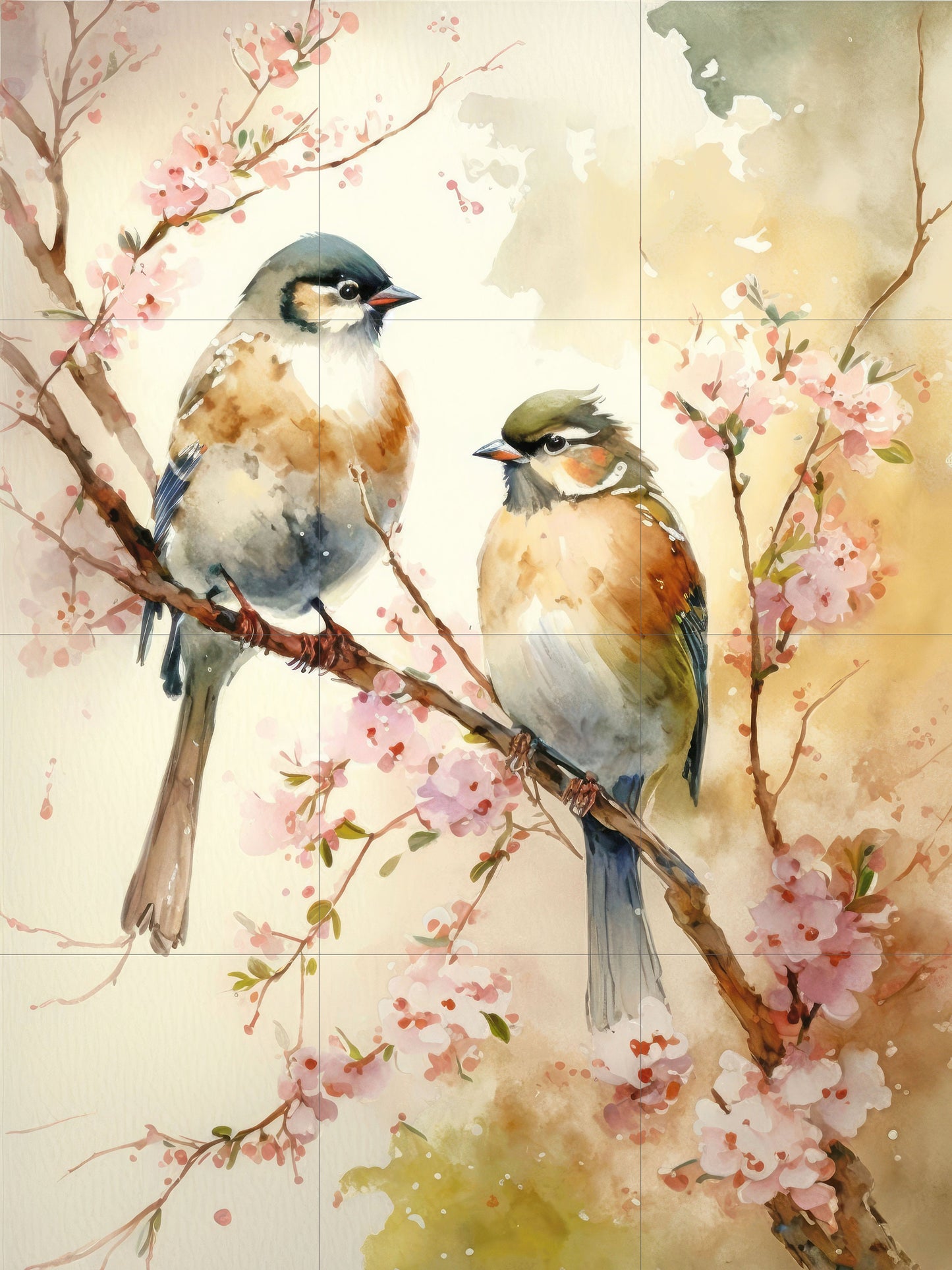 Tile Mural/Mosaic Ceramic Panel of Blue Tit Bird and Watercolour Flower - Bird And Flower Wall Art - Bird Mural- Tit Bird Print - Tit Birds