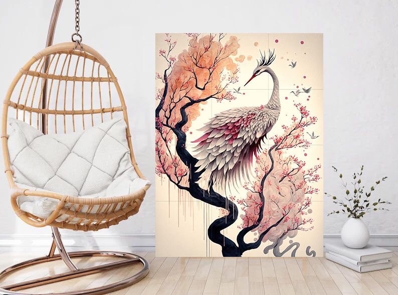 Tile Mural/Mosaic Ceramic Panel of Heron - Japanese Art- Bird And Flower Wall Art - Japanese Art - Bird Mural- Heron Print - Bird Mosaic