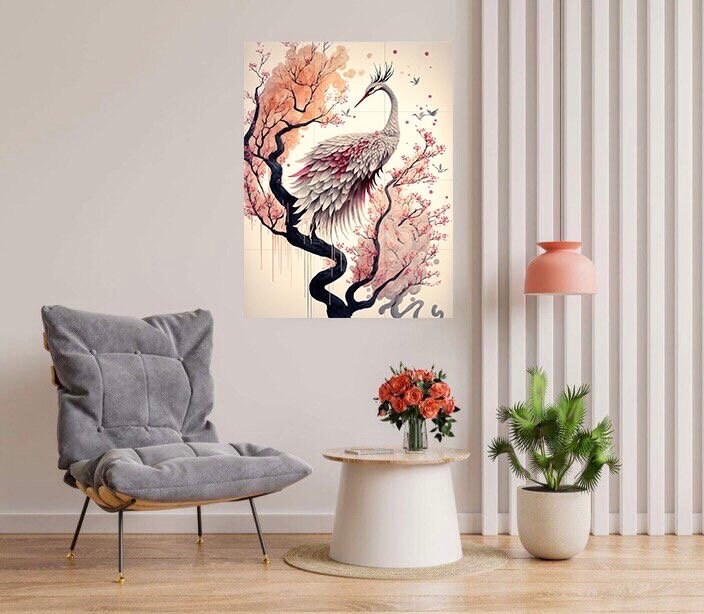 Tile Mural/Mosaic Ceramic Panel of Heron - Japanese Art- Bird And Flower Wall Art - Japanese Art - Bird Mural- Heron Print - Bird Mosaic