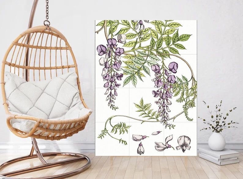 Tile Mural/Mosaic Ceramic Panel of Wisteria - Flower Wall Art -Vintage Botanical Print -Wisteria Print Home Decor- Flower Mural - Floral Art