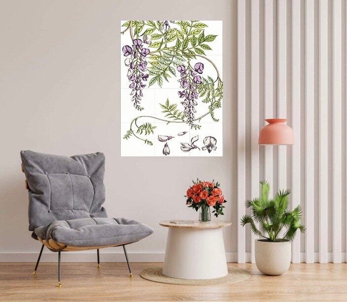 Tile Mural/Mosaic Ceramic Panel of Wisteria - Flower Wall Art -Vintage Botanical Print -Wisteria Print Home Decor- Flower Mural - Floral Art