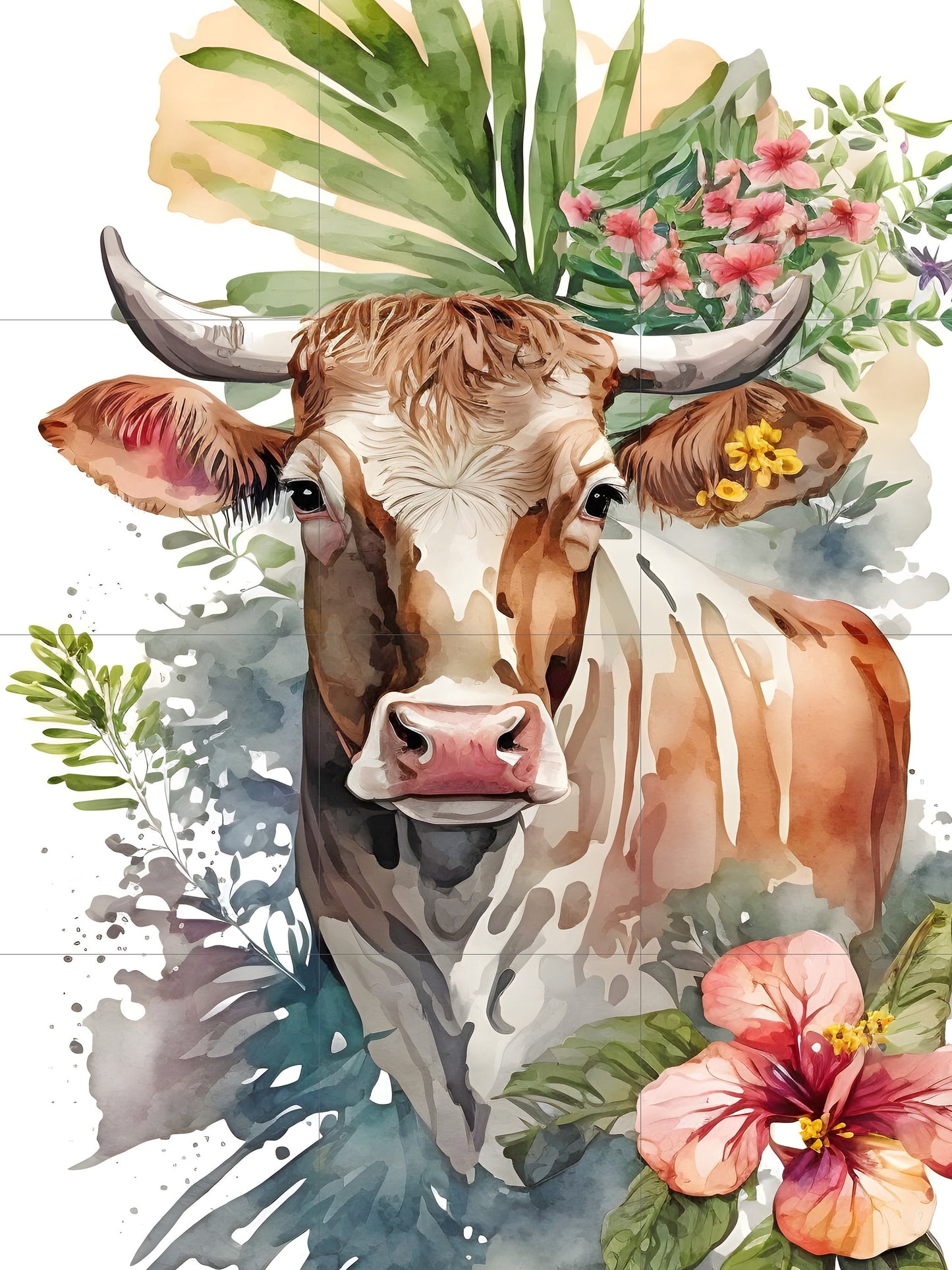 Tile Mural/Mosaic Ceramic Panel of Watercolour Flowers and Cow-Countryside Mural - Cow Wall Art - Tile Mural - Gloss Tiles-Cow Tile Mosaic