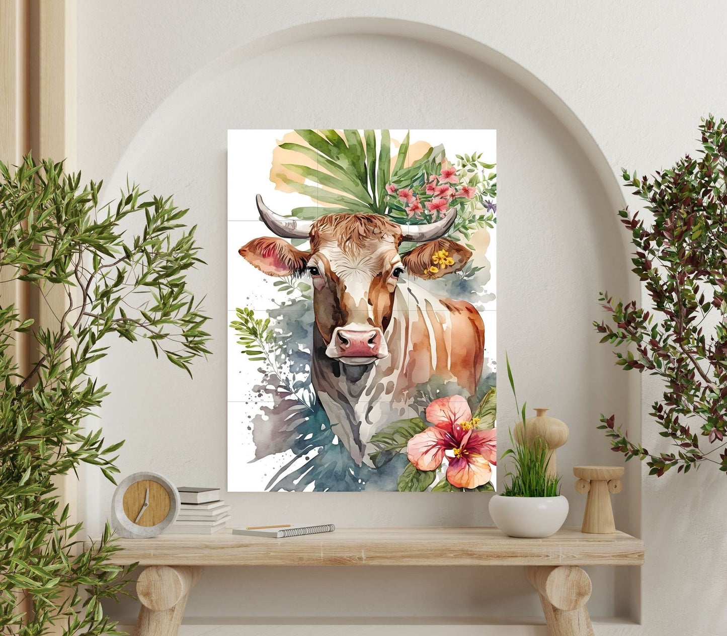 Tile Mural/Mosaic Ceramic Panel of Watercolour Flowers and Cow-Countryside Mural - Cow Wall Art - Tile Mural - Gloss Tiles-Cow Tile Mosaic