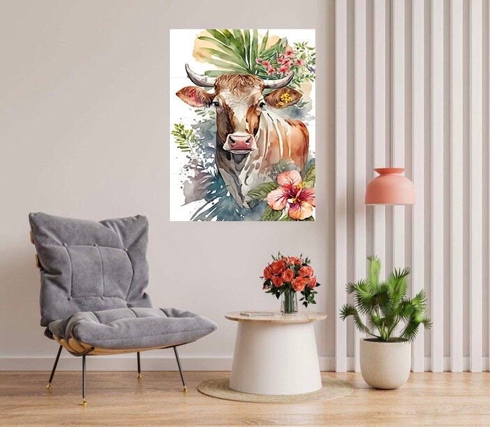 Tile Mural/Mosaic Ceramic Panel of Watercolour Flowers and Cow-Countryside Mural - Cow Wall Art - Tile Mural - Gloss Tiles-Cow Tile Mosaic