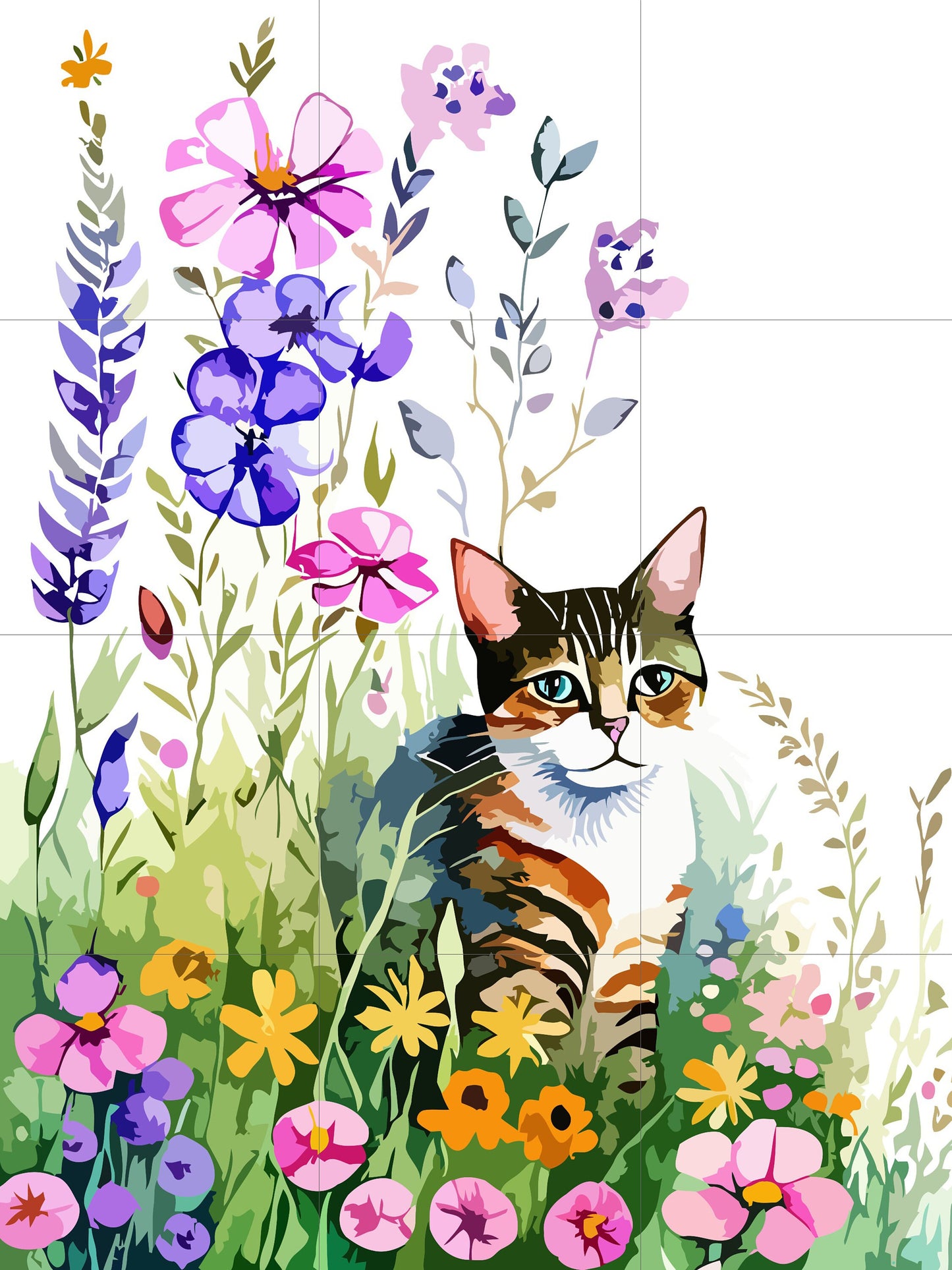 Tile Mural/Mosaic Ceramic Panel of Watercolour Flowers and Cat Mural - Cats Wall Art -Tile Mural -Gloss Tiles- Kitty Tile Mosaic-Cat Print