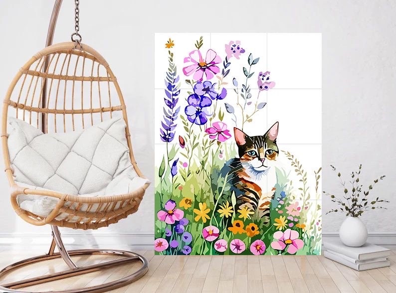 Tile Mural/Mosaic Ceramic Panel of Watercolour Flowers and Cat Mural - Cats Wall Art -Tile Mural -Gloss Tiles- Kitty Tile Mosaic-Cat Print