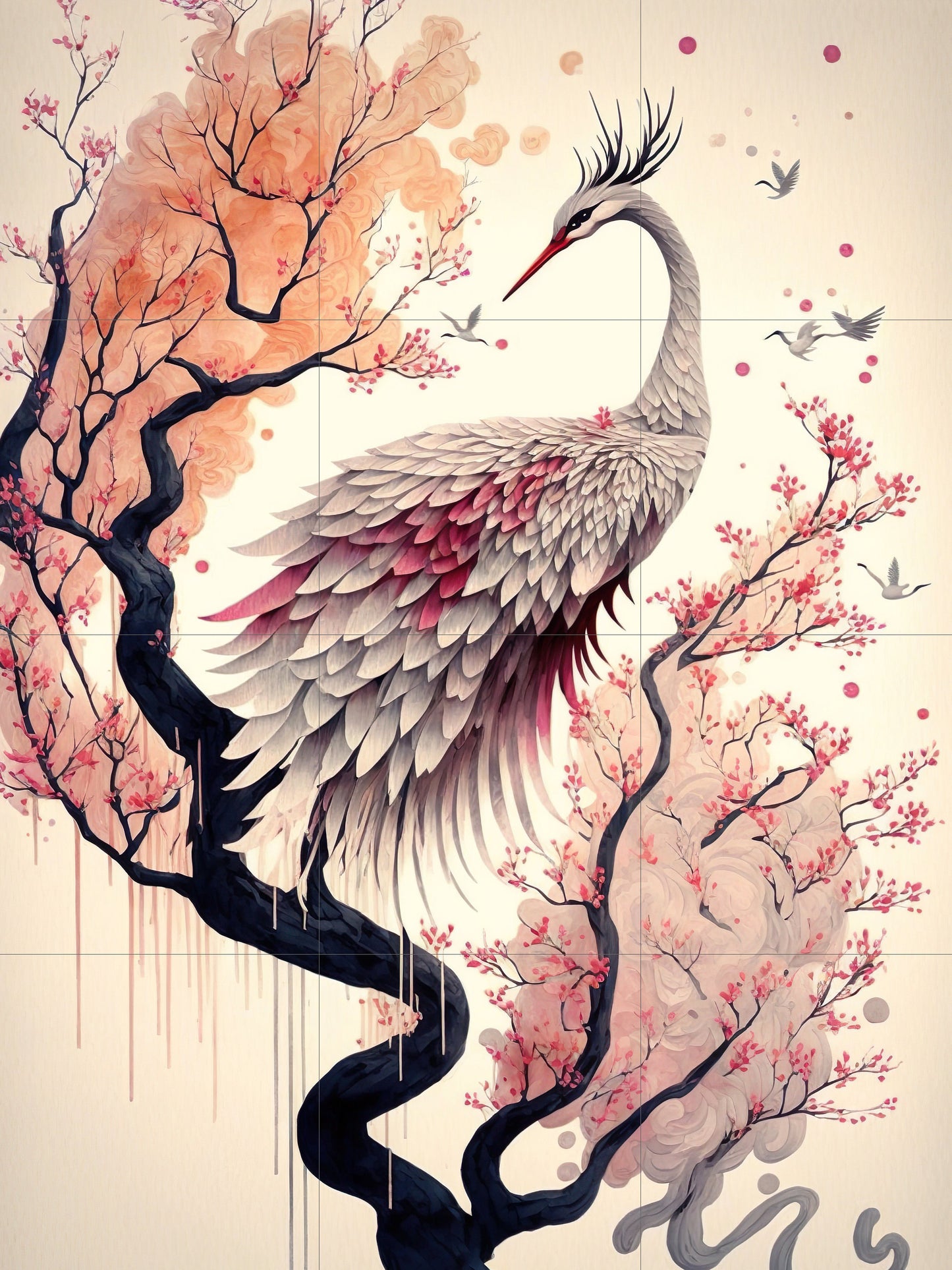 Tile Mural/Mosaic Ceramic Panel of Heron - Japanese Art- Bird And Flower Wall Art - Japanese Art - Bird Mural- Heron Print - Bird Mosaic
