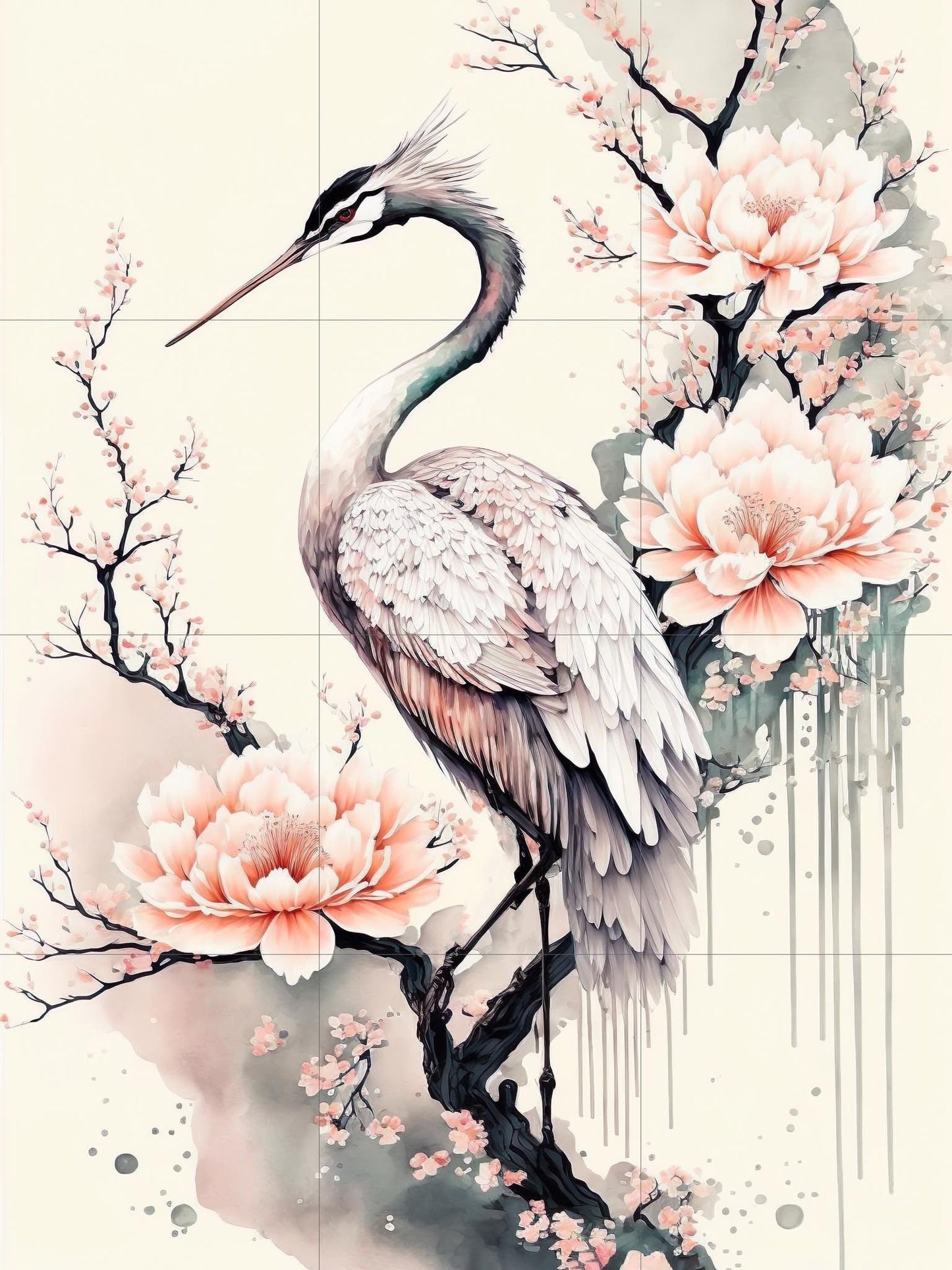 Tile Mural/Mosaic Ceramic Panel of Heron - Japanese Art- Bird And Flower Wall Art - Japanese Art - Bird Mural- Heron Print - Bird Mosaic