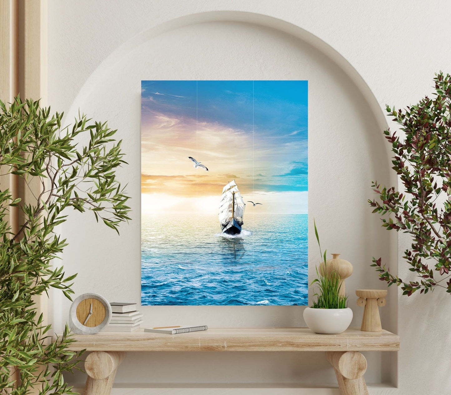 Tile Mural/Mosaic Ceramic Panel of a Ship - Sailing ship print- Ocean Waves Wall Mural -Tile Mural Art - Sunset Home Decor- Tile Mosaic