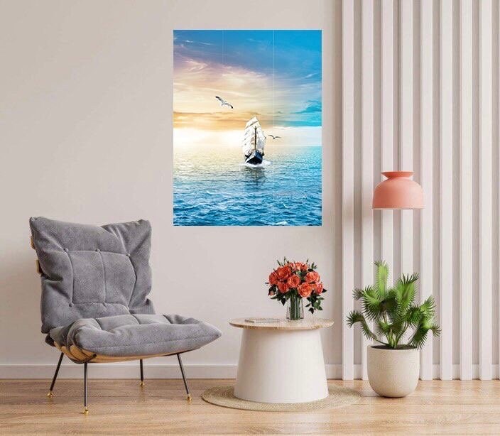 Tile Mural/Mosaic Ceramic Panel of a Ship - Sailing ship print- Ocean Waves Wall Mural -Tile Mural Art - Sunset Home Decor- Tile Mosaic