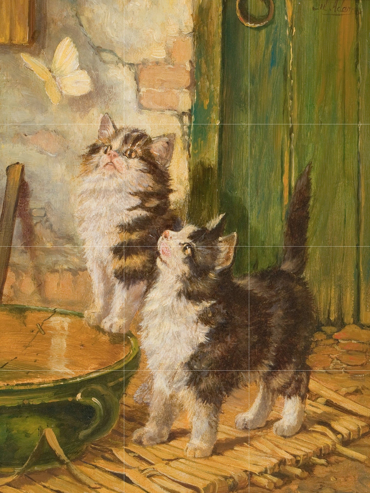 Tile Mural/Mosaic Ceramic Panel of Curiosity and Butterfly - Julius Adam the Elder - Cat Mural - Kitty Print - Cat Wall Art - Cats Wall Art