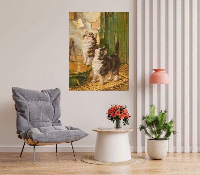 Tile Mural/Mosaic Ceramic Panel of Curiosity and Butterfly - Julius Adam the Elder - Cat Mural - Kitty Print - Cat Wall Art - Cats Wall Art