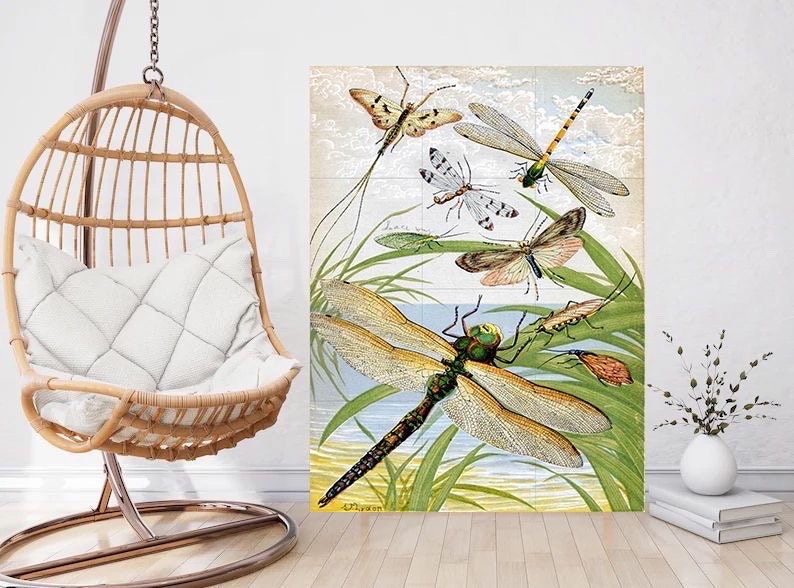 Tile Mural/Mosaic Ceramic Panel of Dragonflies - William Houghton - Insect Tile Mural - Wall Insect Art Print - Gloss Tiles - Tile Mosaic