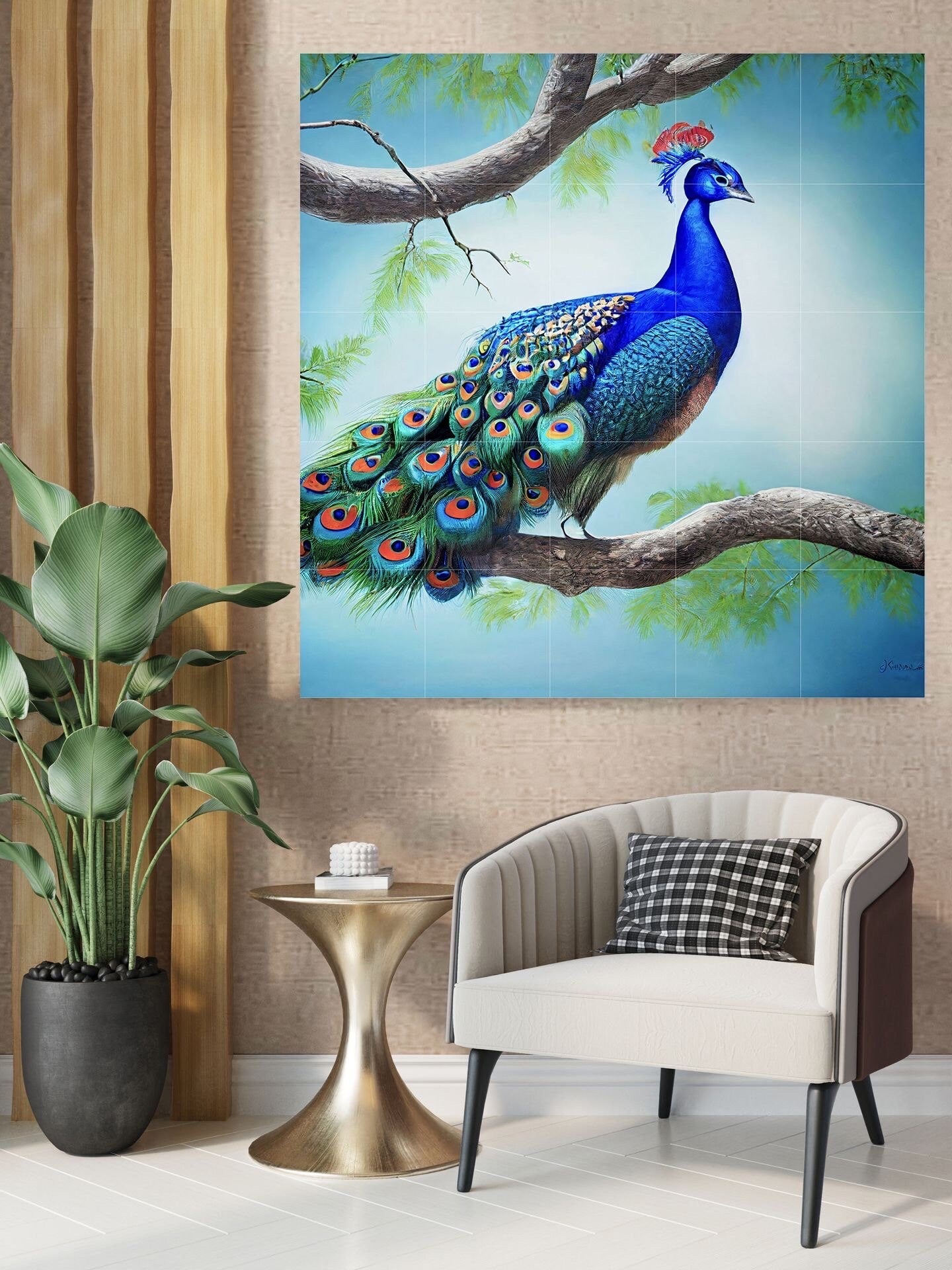 Tile Mural/Mosaic Ceramic Panel of Peacock - Bird Wall Art Home Decor - Peacock Mural - Gloss Tiles - Peacock Tile Mosaic - Bird Print