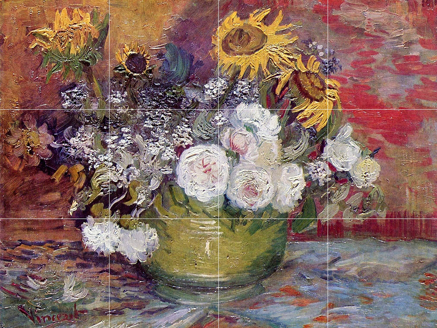 Tile Mural/Mosaic Ceramic Panel of Vincent Van Gogh Sunflowers - Flower Mural - Van Gogh Print - Flower Wall Art - Botanical Art Print