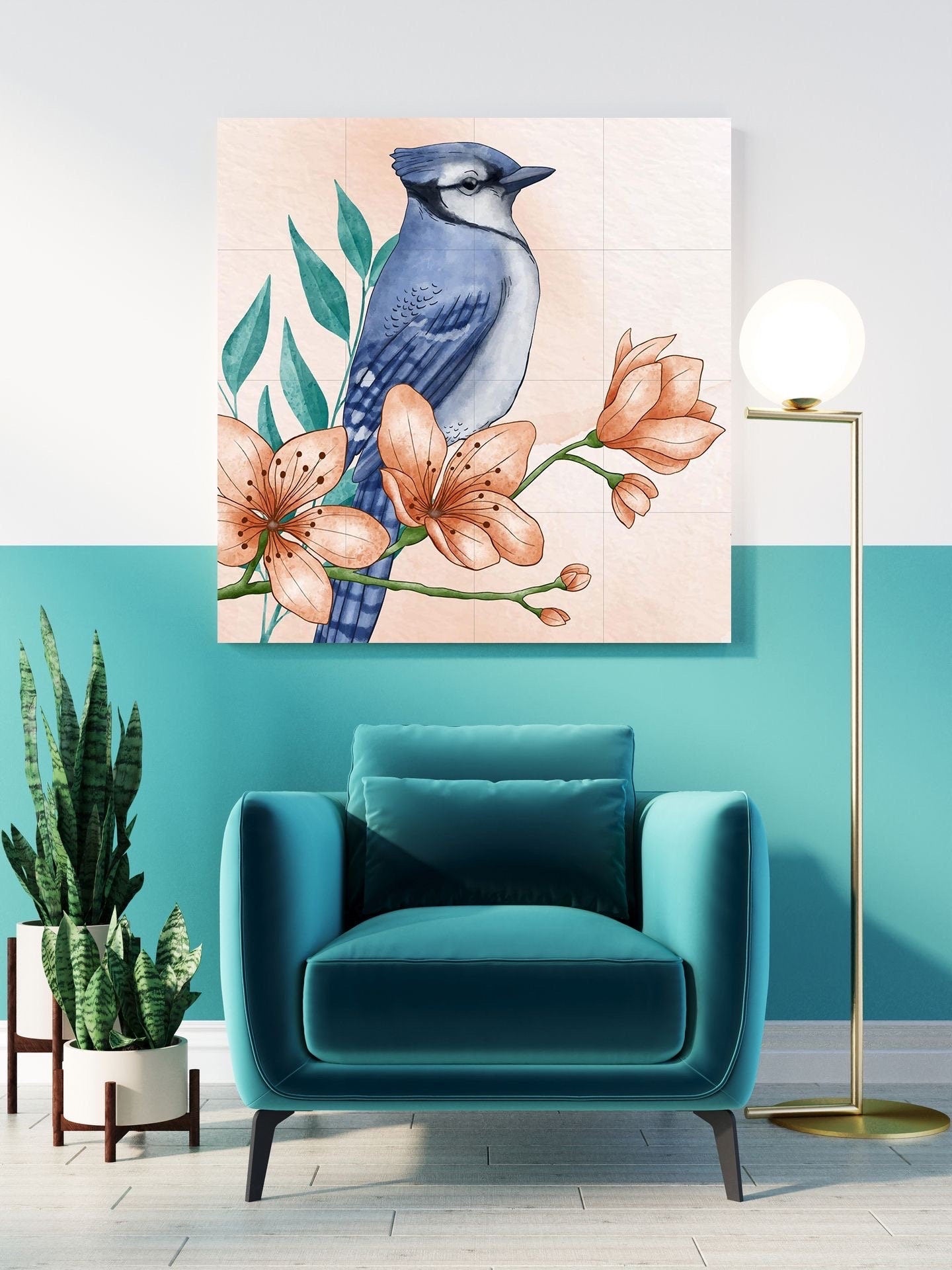 Tile Mural/Mosaic Ceramic Panel of Blue Jay Bird - Bird and Flower Wall Art - Bird Mural - Blue Jay Print - Bird Mosaic - Blue Jay Decor