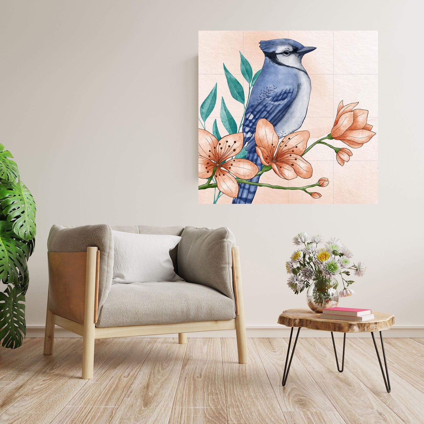 Tile Mural/Mosaic Ceramic Panel of Blue Jay Bird - Bird and Flower Wall Art - Bird Mural - Blue Jay Print - Bird Mosaic - Blue Jay Decor
