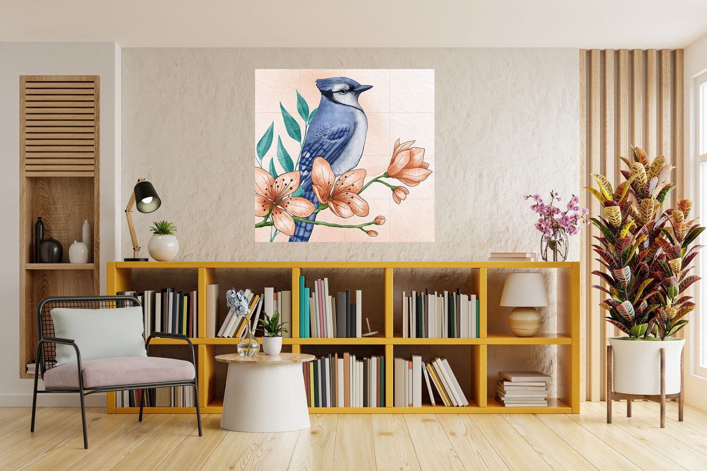 Tile Mural/Mosaic Ceramic Panel of Blue Jay Bird - Bird and Flower Wall Art - Bird Mural - Blue Jay Print - Bird Mosaic - Blue Jay Decor