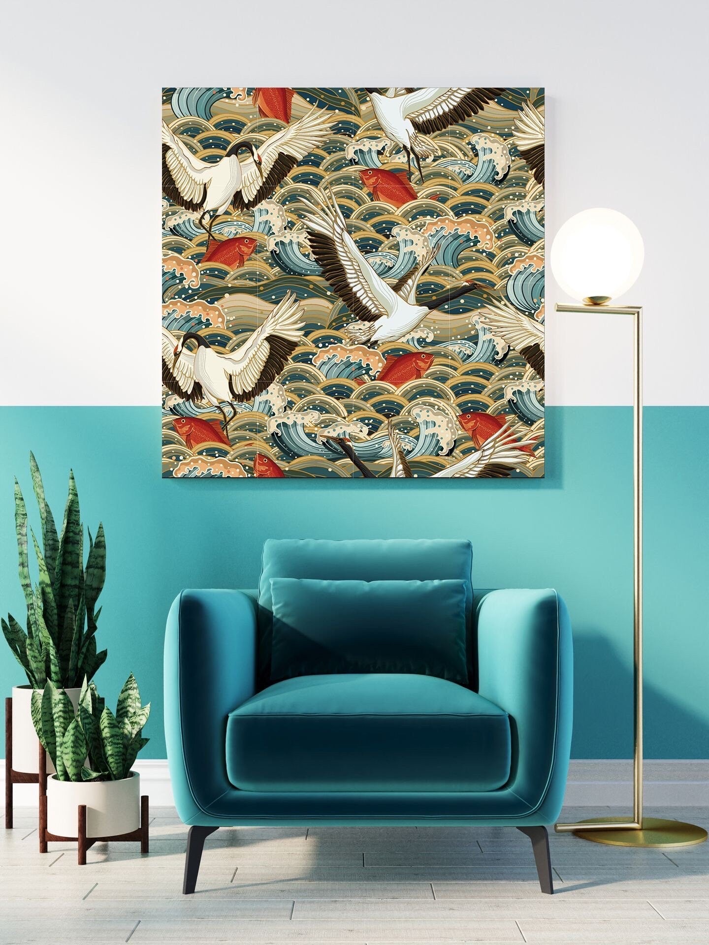 Tile Mural/Mosaic Ceramic Panel of Flying Heron - Heron Bird Print- Bird Mural - Japanese Mural -Japanese Art - Bird Mosaic - Heron Wall Art