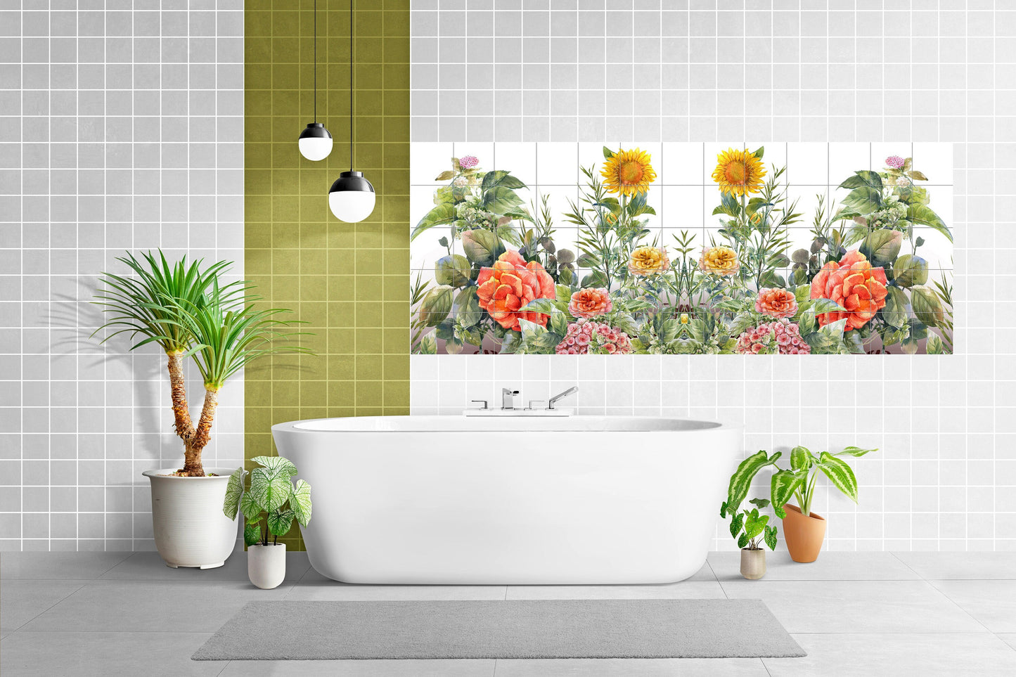 Tile Mural/Mosaic Ceramic of Flowers Watercolour Painting - Sunflower Mural - Flower Wall Art - Floral Tile Mural -Gloss Tiles - Tile Mosaic