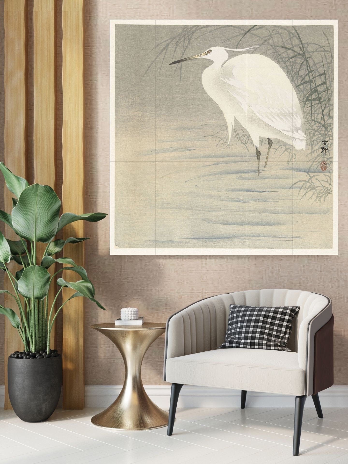 Tile Mural/Mosaic Ceramic Panel of Little Egret - Ohara Koson Prints - Gloss Tiles - Bird Mosaic Art - Heron Bird Painting - Japanese Mural