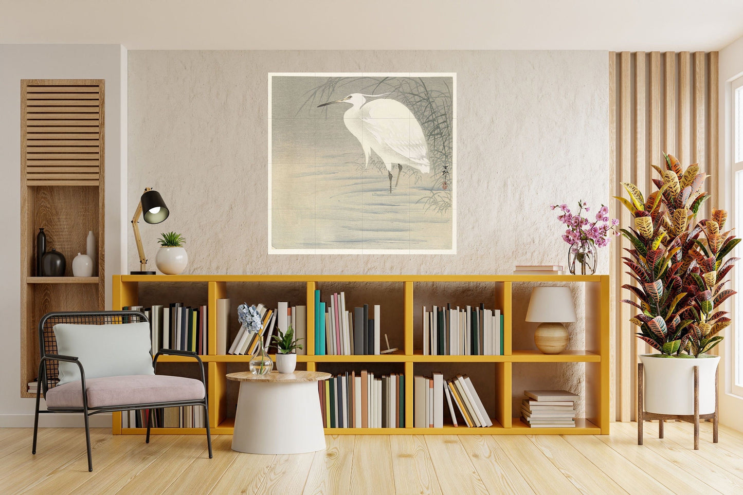 Tile Mural/Mosaic Ceramic Panel of Little Egret - Ohara Koson Prints - Gloss Tiles - Bird Mosaic Art - Heron Bird Painting - Japanese Mural