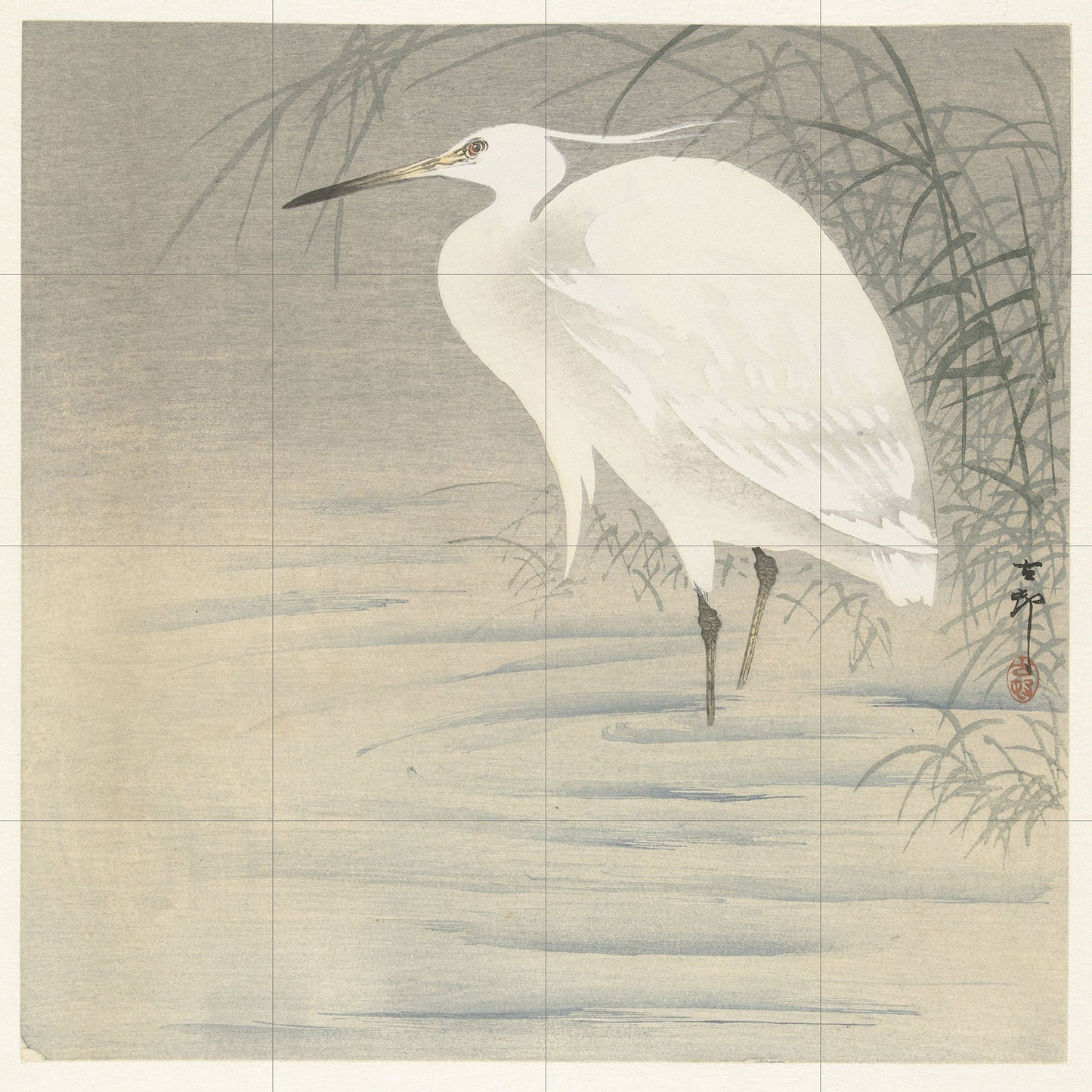 Tile Mural/Mosaic Ceramic Panel of Little Egret - Ohara Koson Prints - Gloss Tiles - Bird Mosaic Art - Heron Bird Painting - Japanese Mural