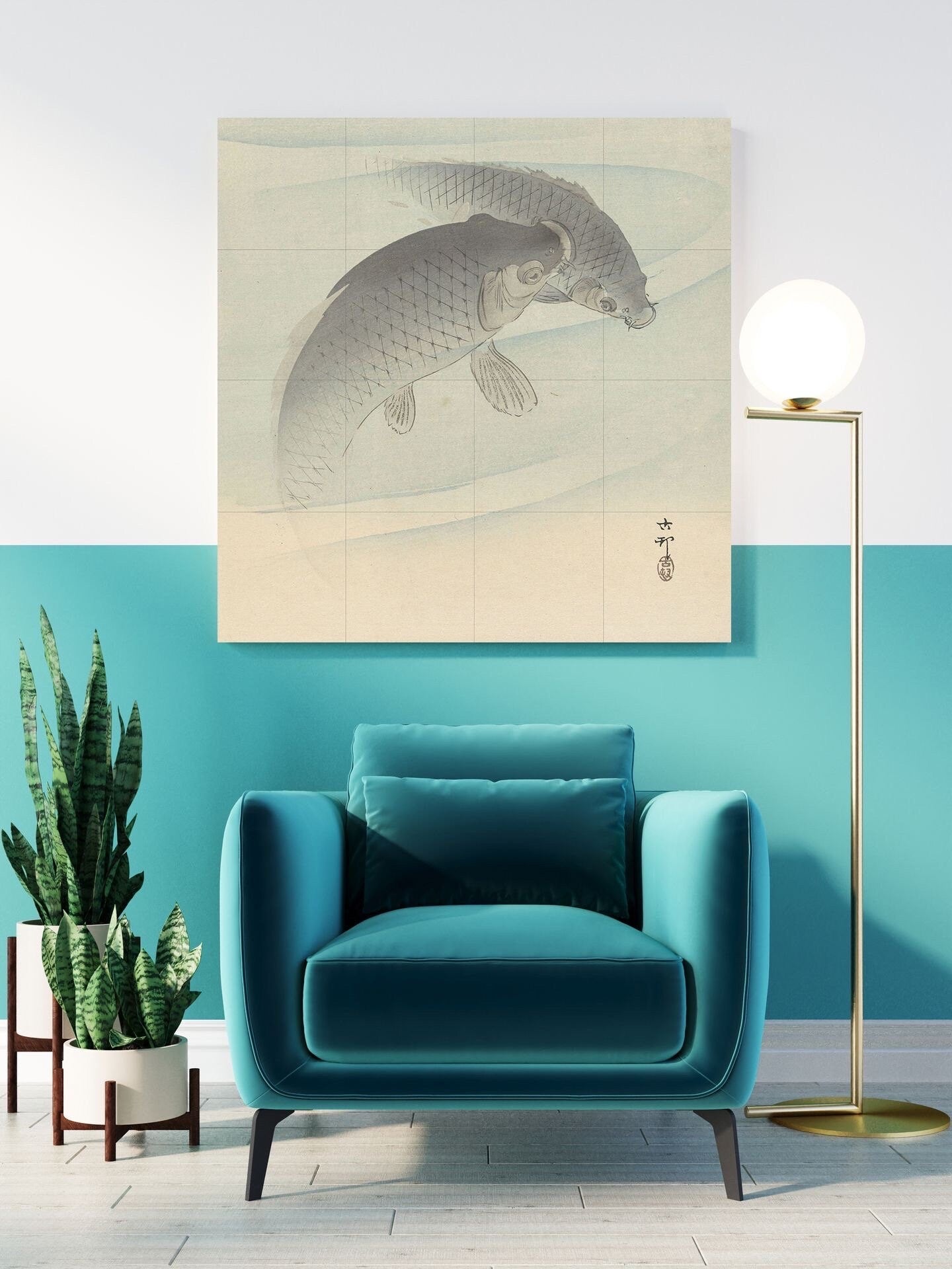 Tile Mural/Mosaic Ceramic Panel of Two Carps - Ohara Koson - Koson Art Prints - Tile Mural - Gloss Tiles -Fish Mural - Carp Wall Art Print
