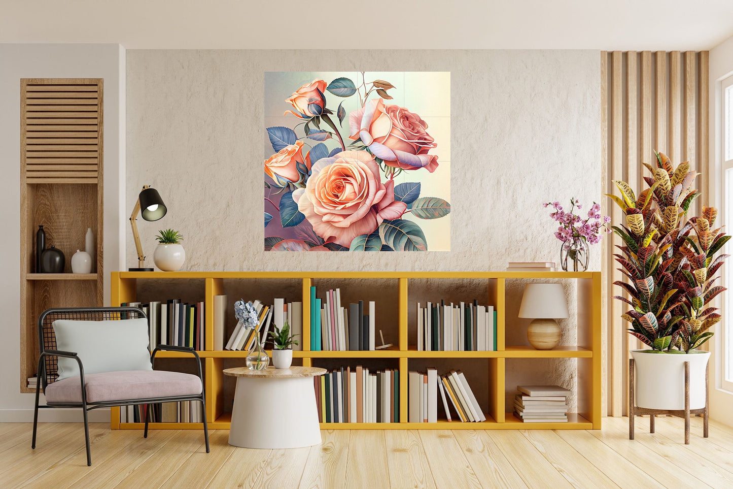 Tile Mural/Mosaic Ceramic Panel of Roses - Flower Wall Art-Vintage Botanical Print -Rose Print -Rose Home Decor -Flower Mural -Flower Mosaic