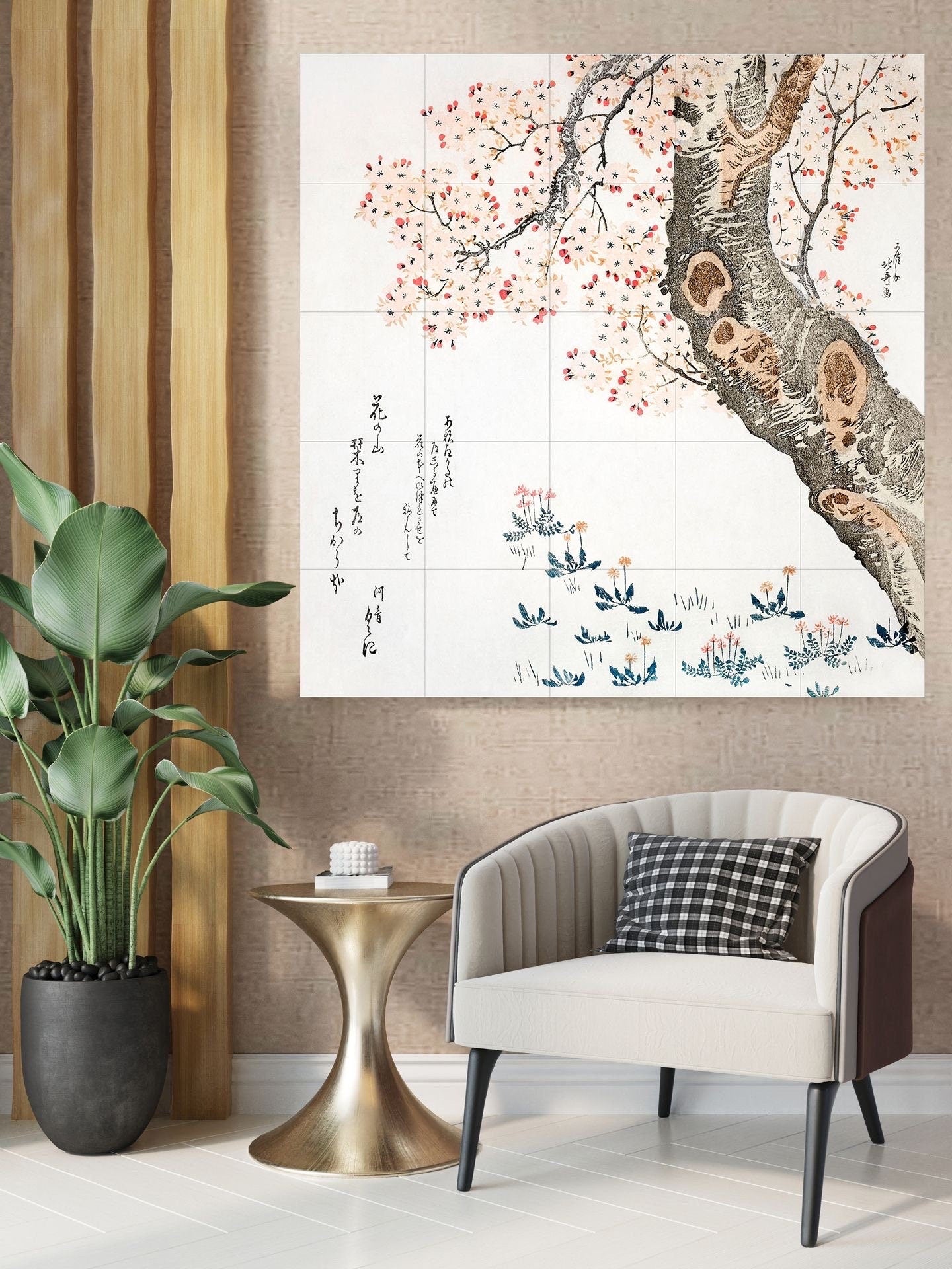 Tile Mural/Mosaic Ceramic of Katsushika Hokusai Cherry Tree -Hokusai Print -Hokusai Wall Art -Japanese Mural - Gloss Tiles - Botanical Print