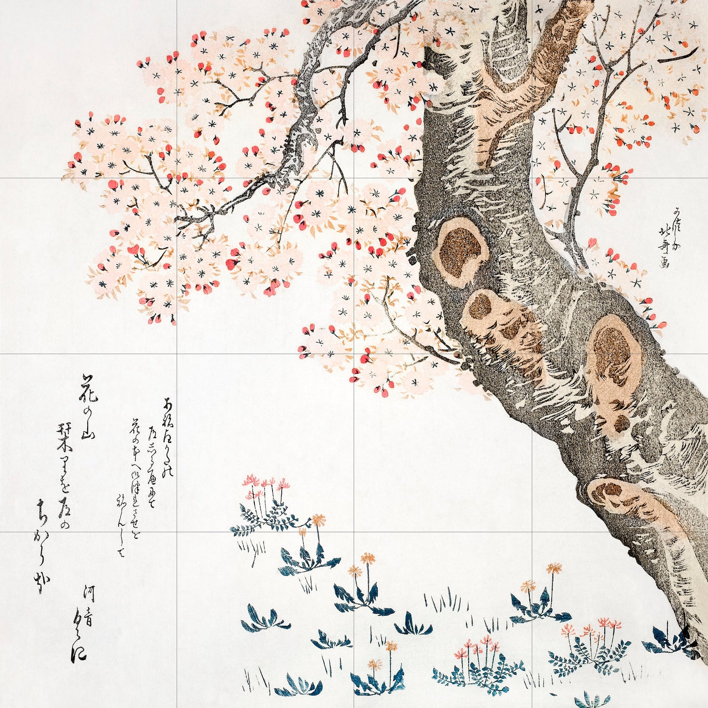 Tile Mural/Mosaic Ceramic of Katsushika Hokusai Cherry Tree -Hokusai Print -Hokusai Wall Art -Japanese Mural - Gloss Tiles - Botanical Print