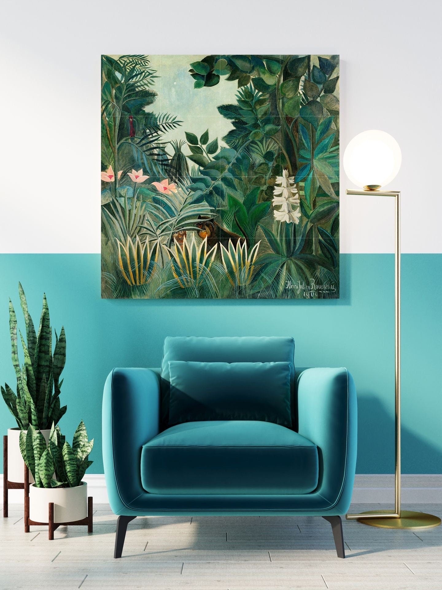 Tile Mural/Mosaic Ceramic Panel of Equatorial Jungle-Henri Rousseau Print -Rousseau Wall Art -Tropical Mural -Gloss Tiles -Tropical Wall Art