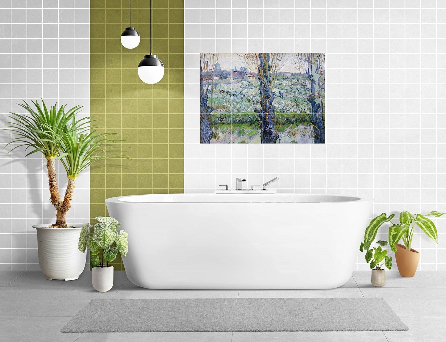 Tile Mural/Mosaic Ceramic Panel of Vincent Van Gogh Orchards - Van Gogh Wall Nature Art Print - Van Gogh Art Print - Countryside Mural