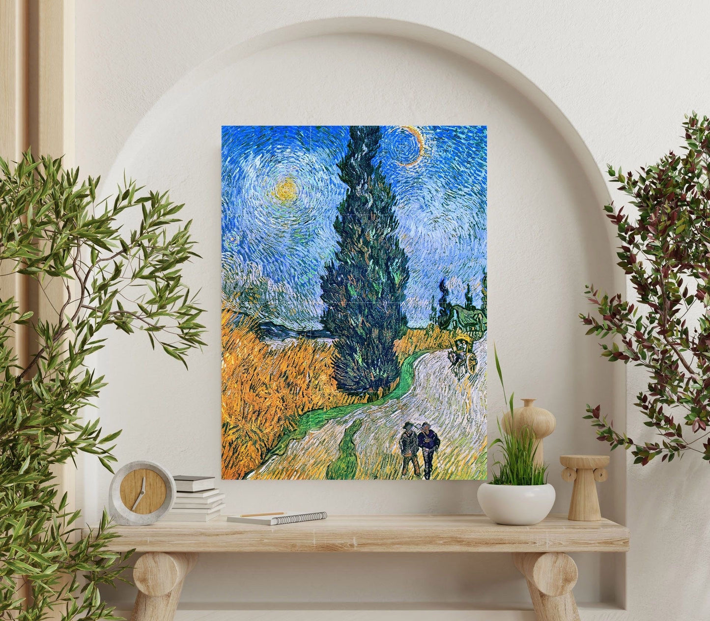 Tile Mural/Mosaic Ceramic Panel of Vincent Van Gogh - Road with Cypresses and Star- Countryside Mural -Van Gogh Print - Countryside Wall Art