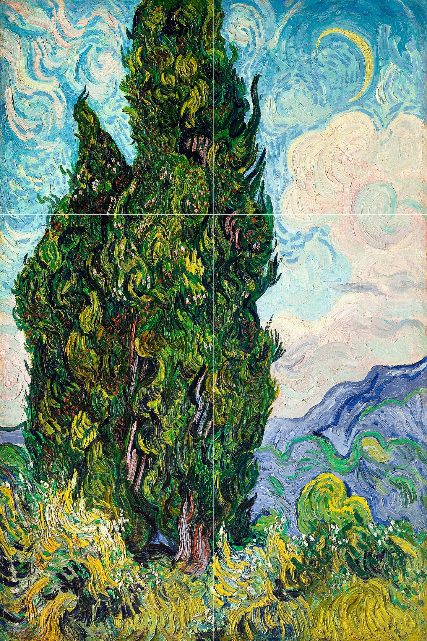 Tile Mural/Mosaic Ceramic Panel of Vincent Van Gogh Painting Cypresses Print - Countryside Mural -Van Gogh Art Print - Countryside Wall Art