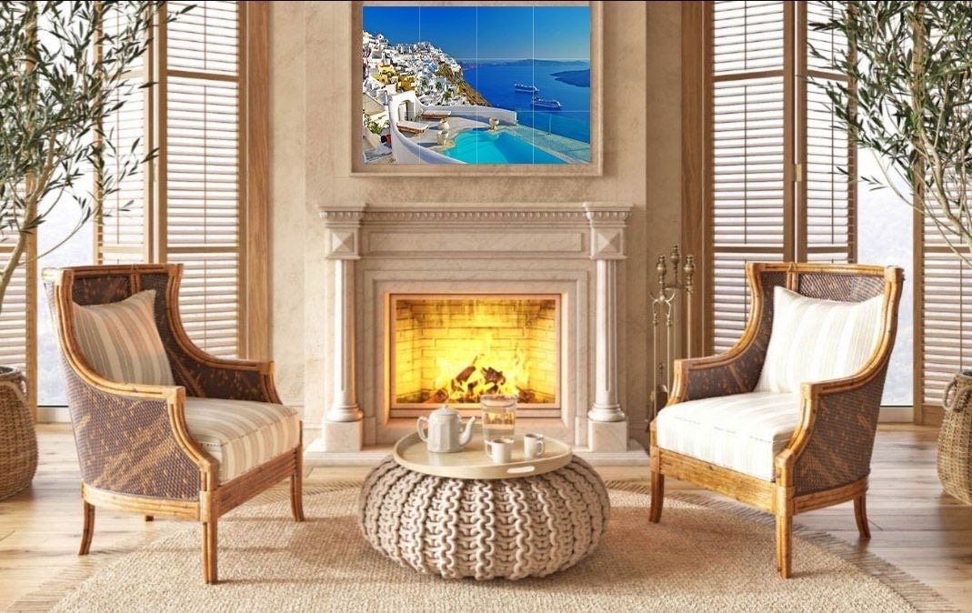 Tile Mural/Mosaic Ceramic Panel of Santorini - Santorini wall print- Greece wall art - Santorini Wall Art - Tile Mural - Tile Mosaic