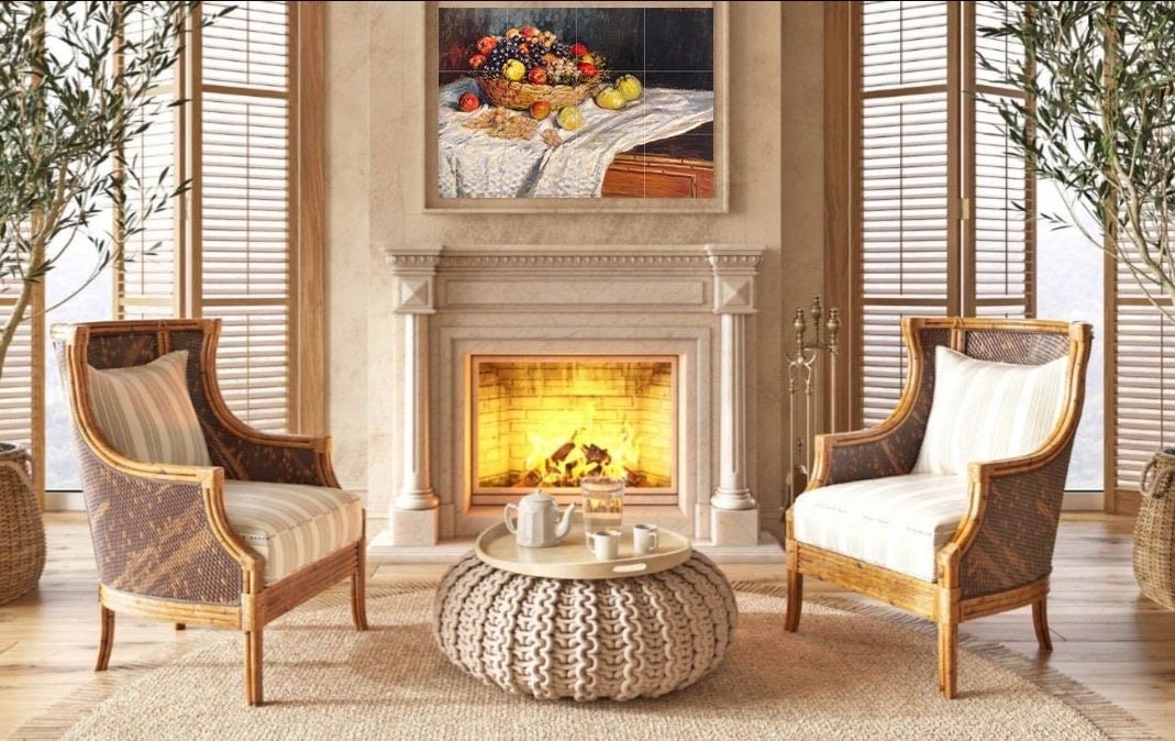 Tile Mural/Mosaic Ceramic Panel of Apples and Grapes - Claude Monet Print - Fruit Mural - Fruit Wall Art - Fruit Mosaic Tiles - Gloss Tiles